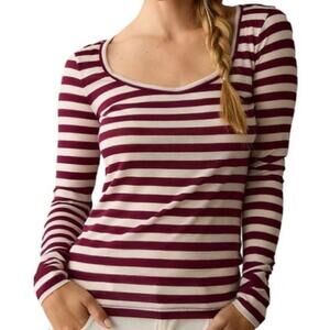 Anthropologie Maeve Striped Long Sleeve Tee Small Maroon White NWT